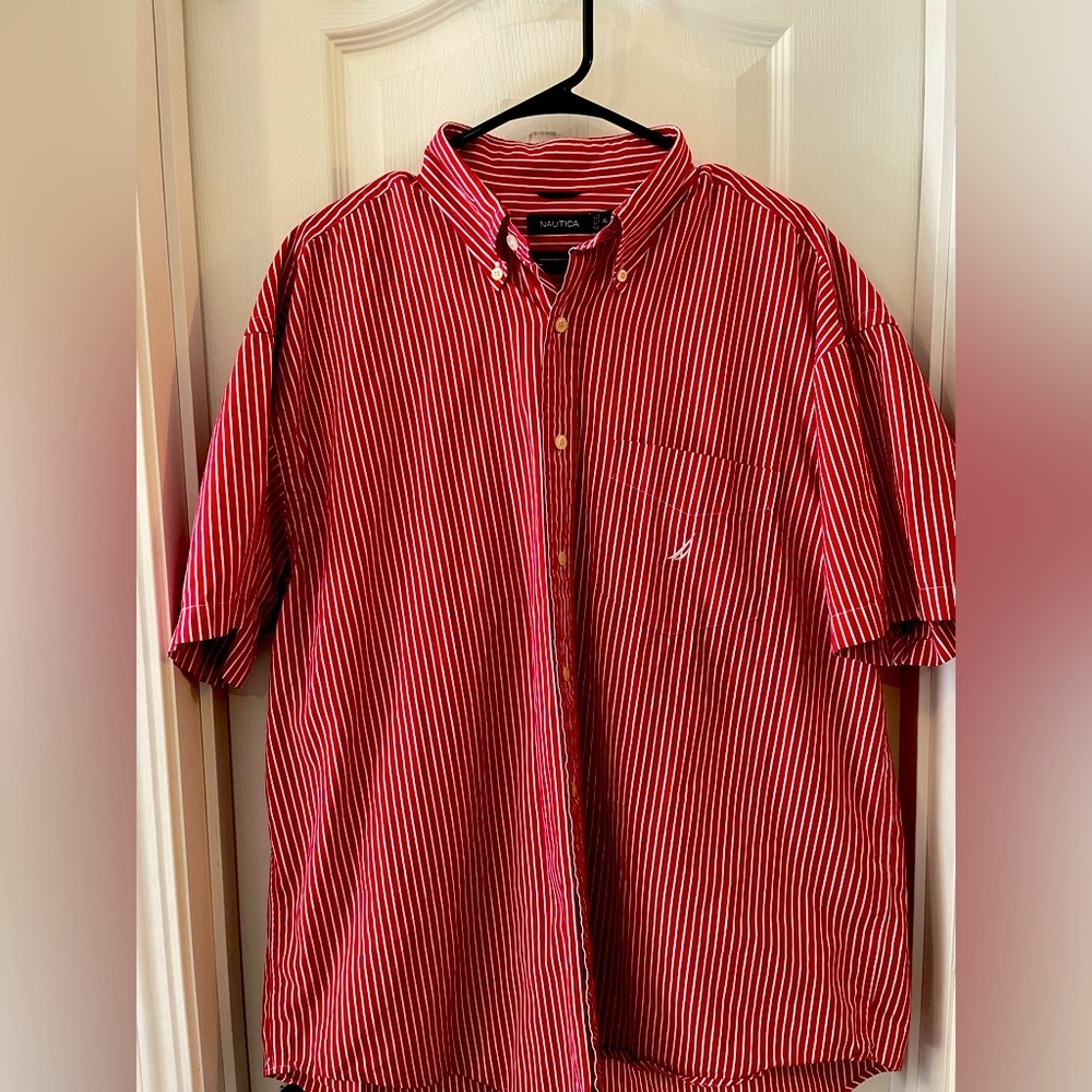 Nautica Red Casual Button Down Shirt with Stripes